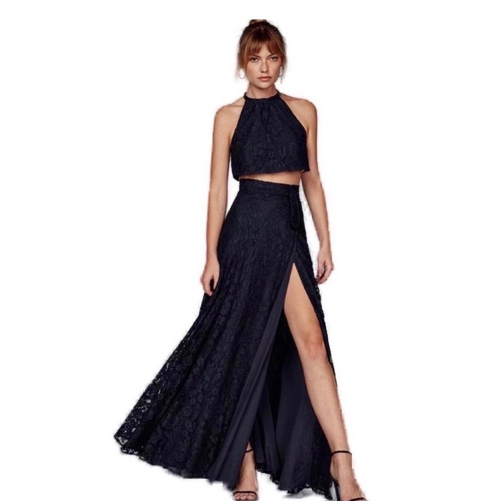 Reformation Harper Lace Two Piece Set Navy Blue Floral‎ Wrap Maxi Size XL New
